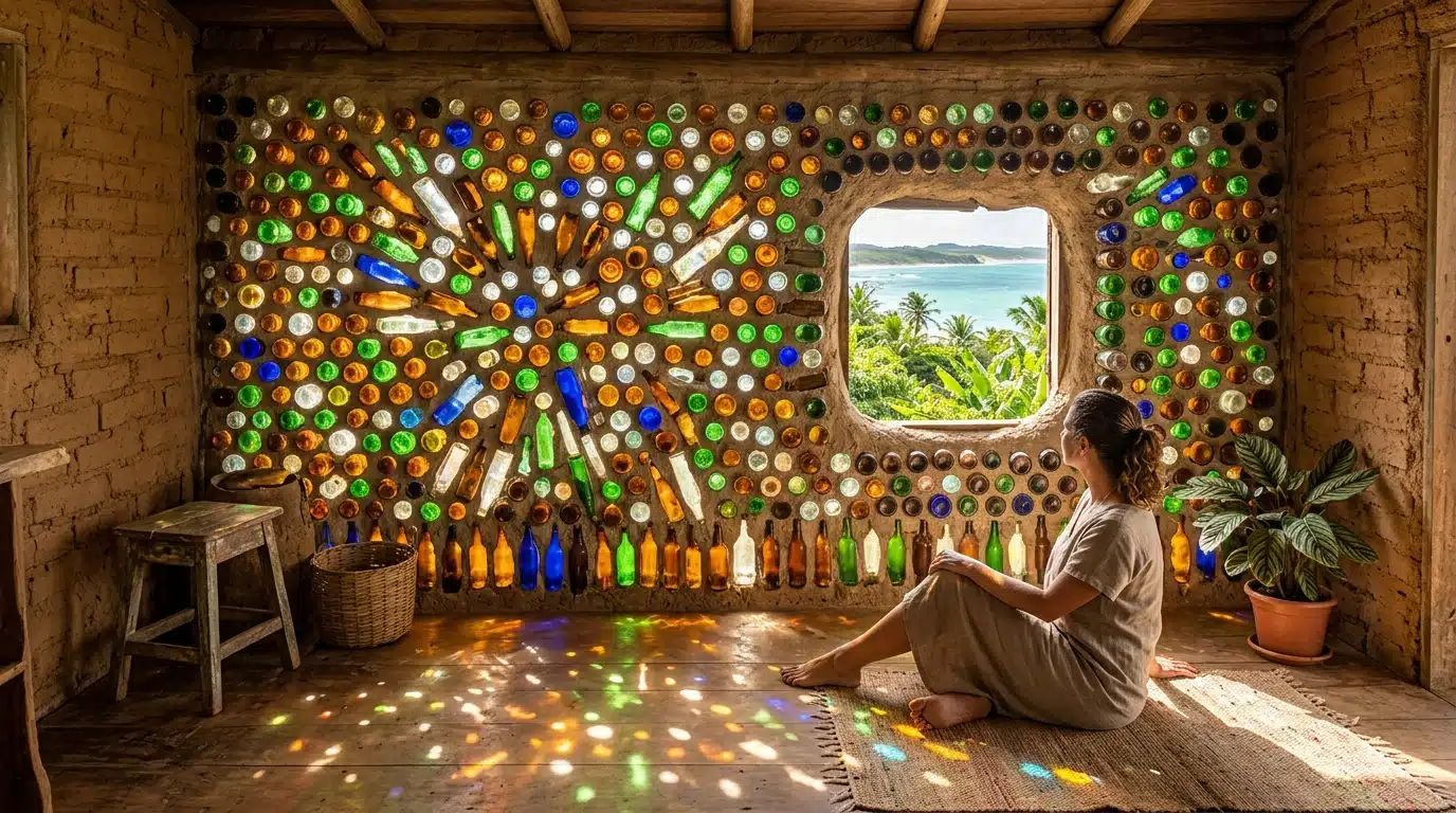Mur de bouteilles en verre recyclées traversé par la lumière