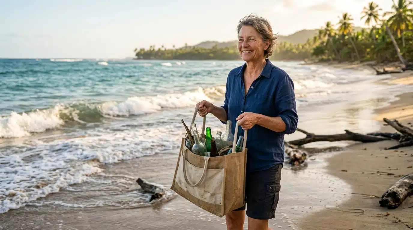 Femme sur une plage tropicale récoltant des bouteilles échouées