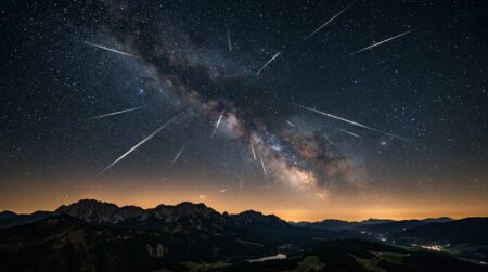 Ciel étoilé avec traînées de météores lumineuses nocturnes