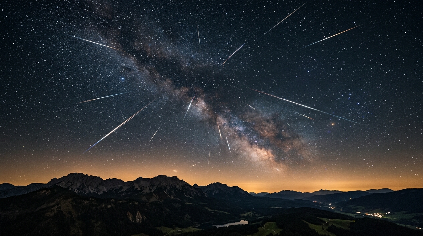 Ciel étoilé avec traînées de météores lumineuses nocturnes