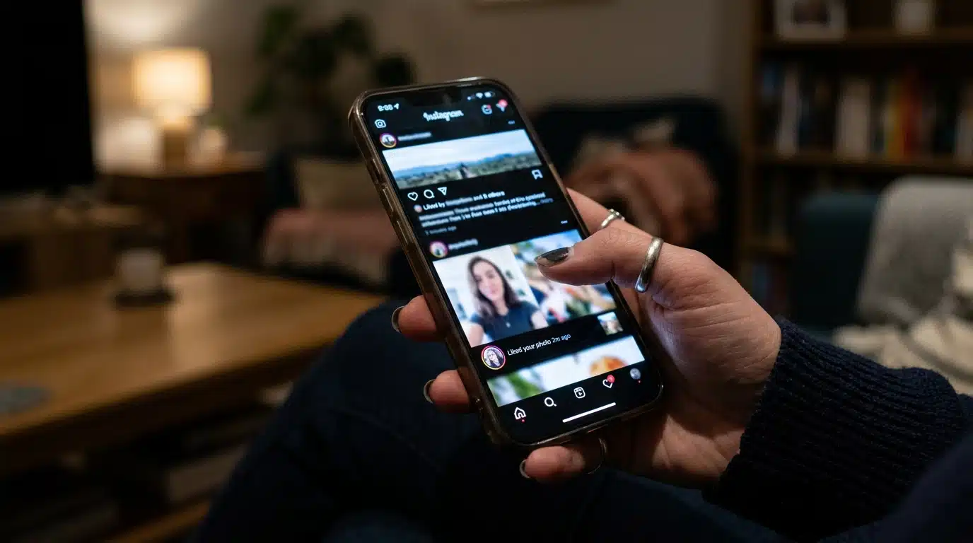 Écran de smartphone flou évoquant un flot de publications