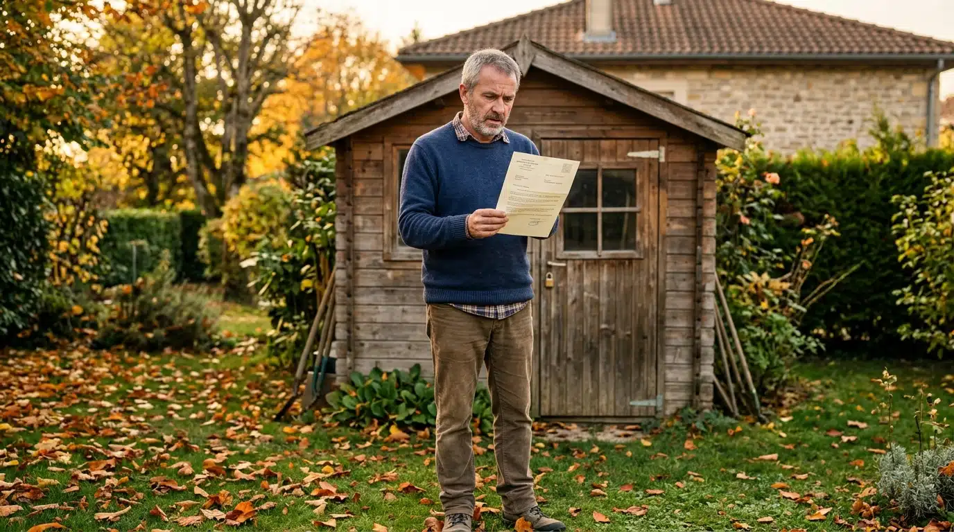 Propriétaire découvrant le courrier de la mairie devant sa remise