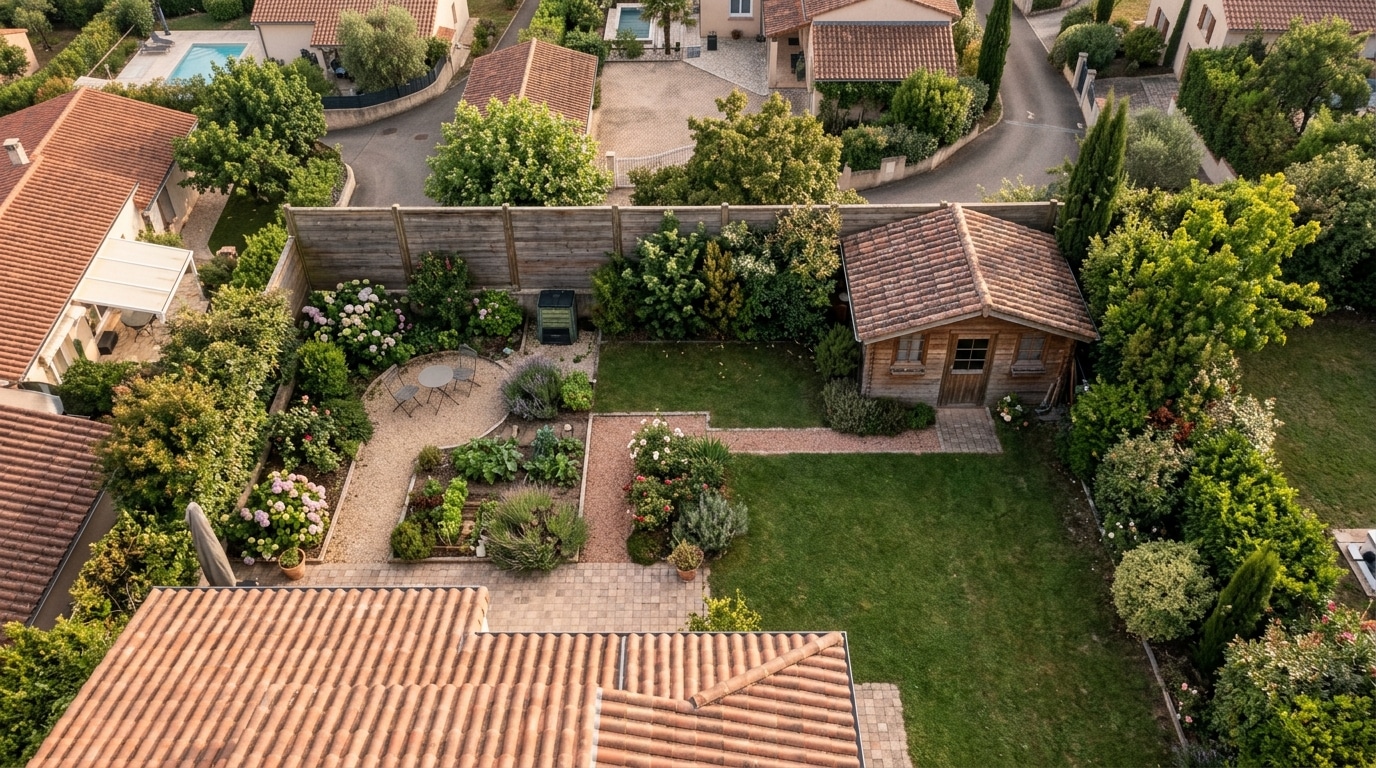 Vue aérienne d'un jardin avec une remise de jardin
