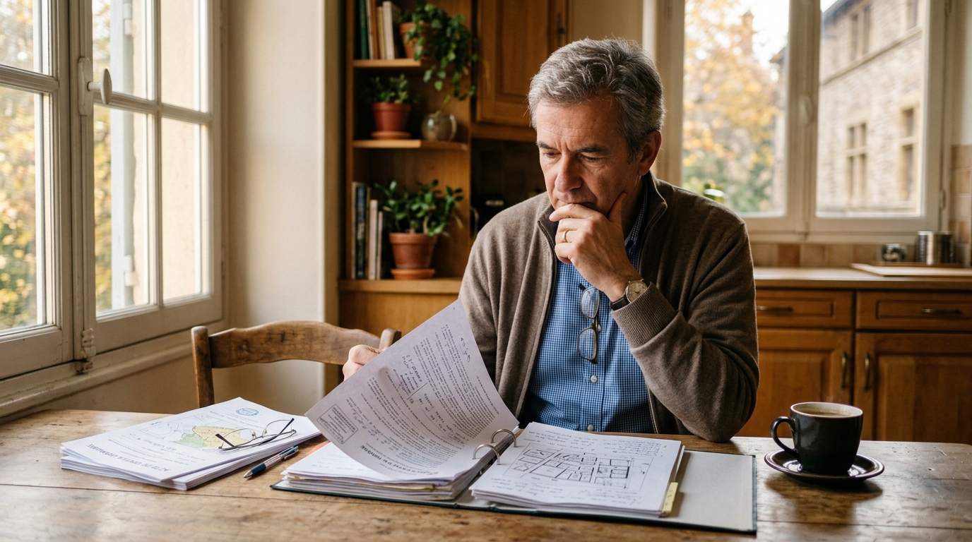 Homme relisant les documents d'urbanisme à sa table