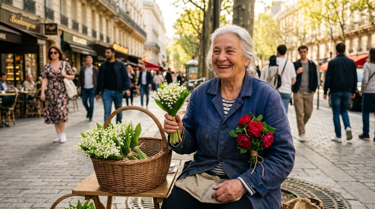 Une vendeuse de muguet sur un trottoir le 1er mai