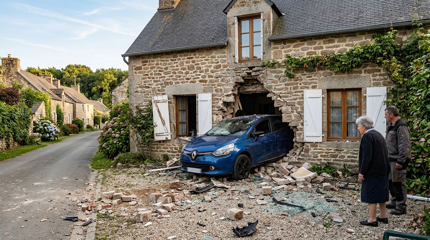 Voiture encastrée dans la façade d'une maison du Morbihan