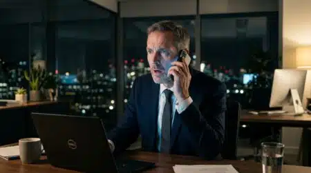 Homme au téléphone stupéfait dans un bureau sombre