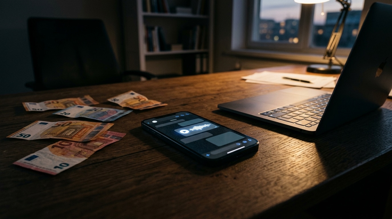 Smartphone affichant un message vocal près de billets