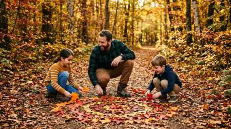 Enfants créant du land art avec des feuilles d'automne