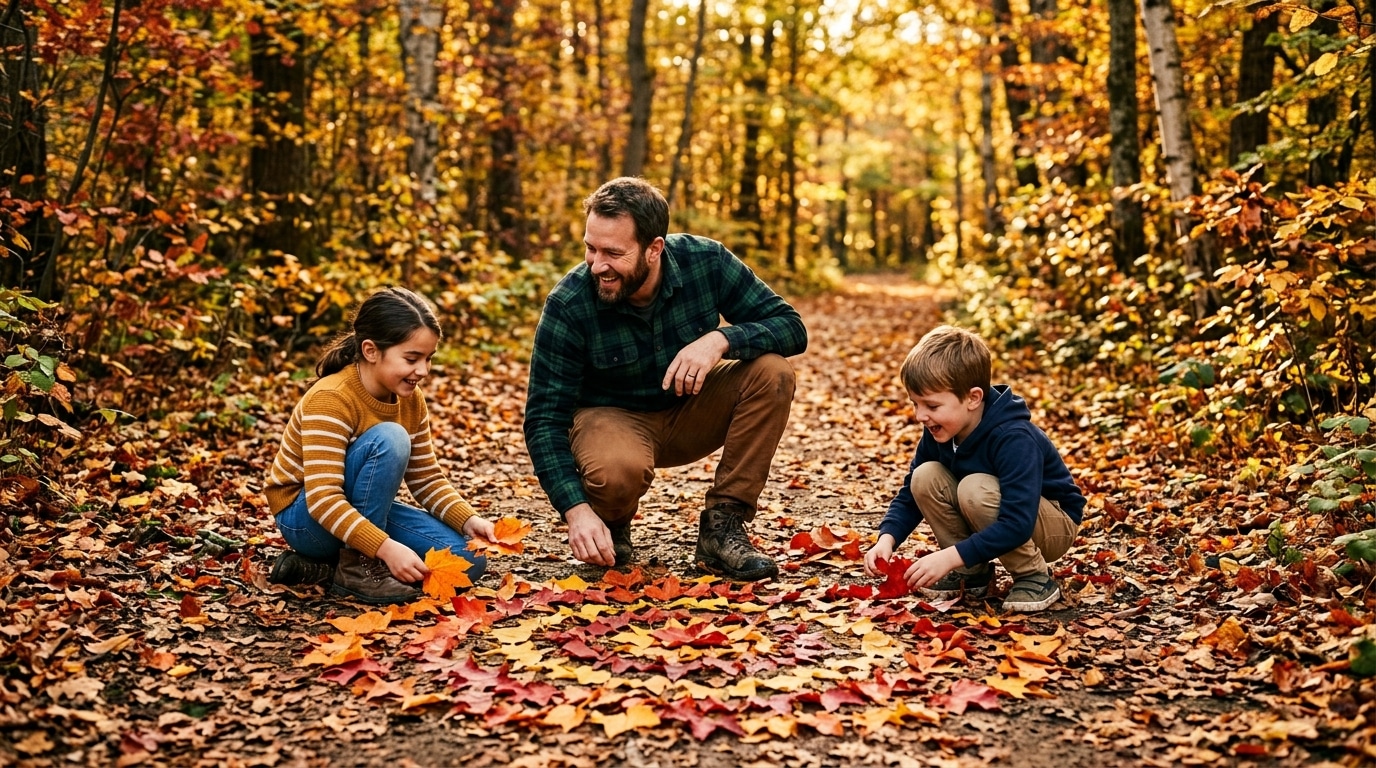 Enfants créant du land art avec des feuilles d'automne