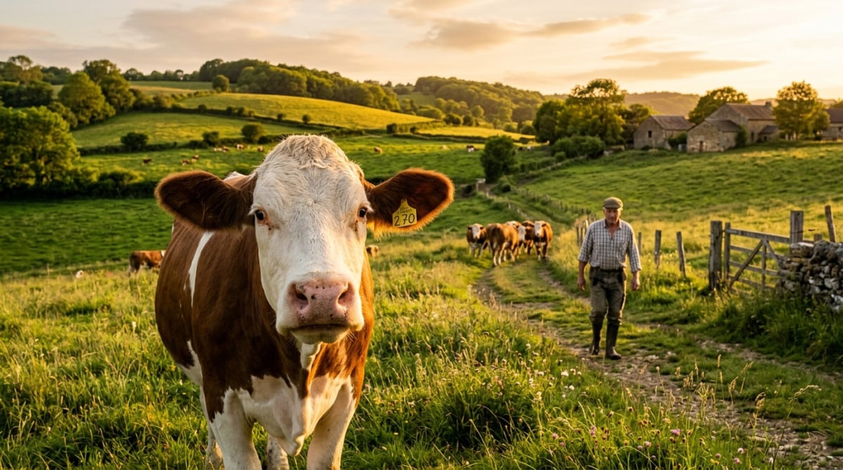 Vache française avec boucle jaune numérotée à l'oreille