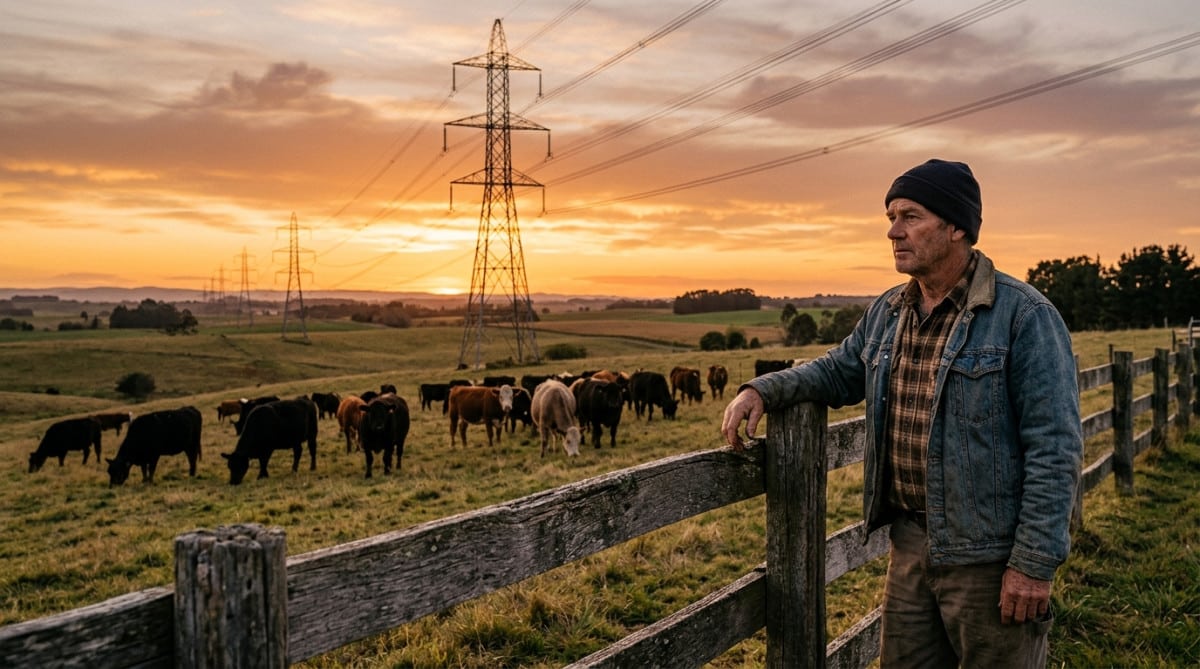 Vaches broutant près de lignes à haute tension