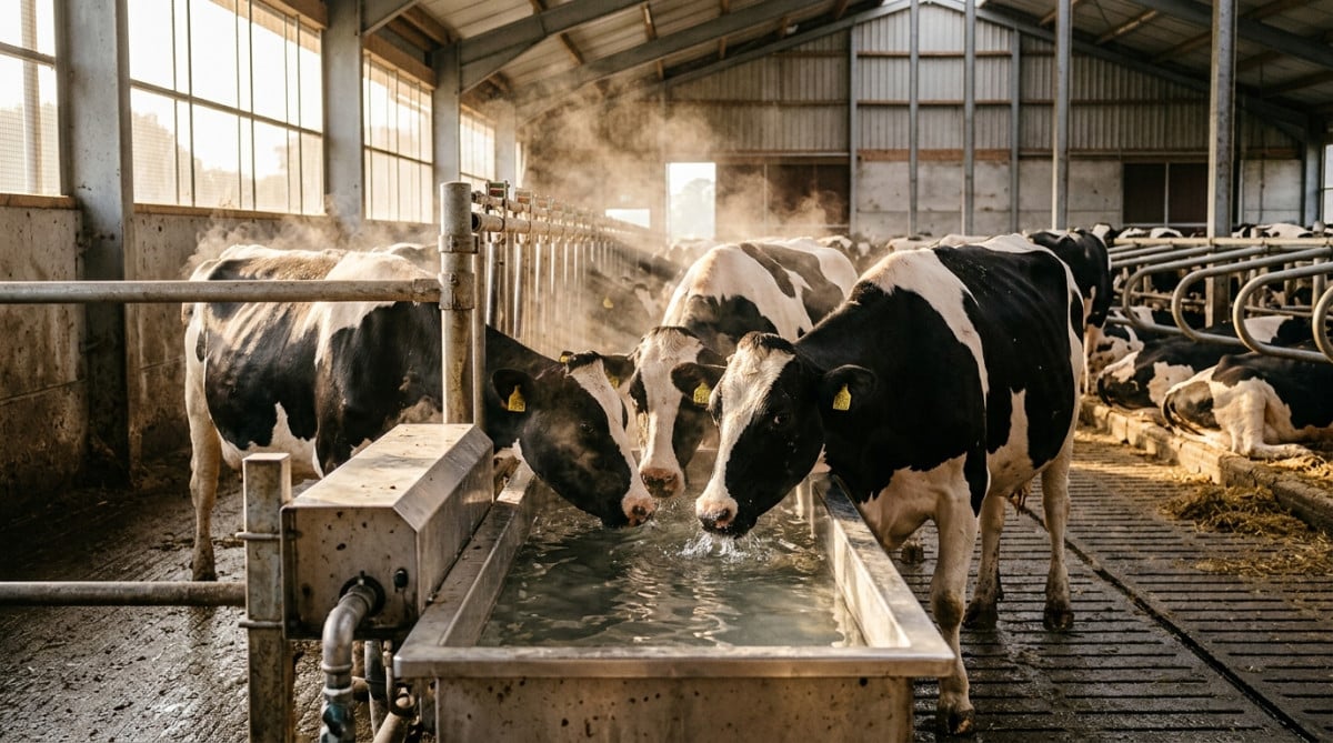 Vaches laitières buvant à un abreuvoir automatique en été