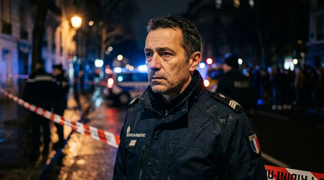 Policier anonyme près d'un ruban de sécurité la nuit