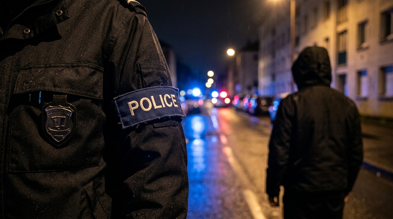 Brassard de police la nuit dans une rue