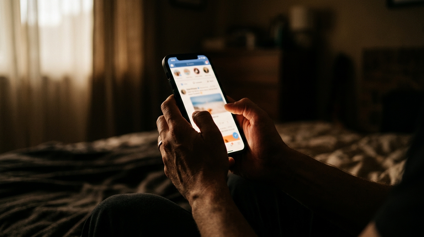 Smartphone allumé dans l'obscurité, réseaux sociaux
