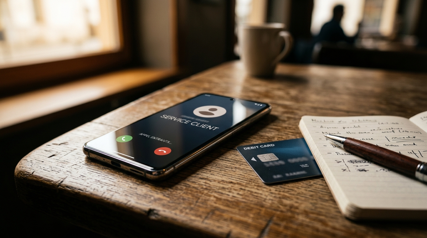 Smartphone affichant un appel entrant près d'une carte bancaire