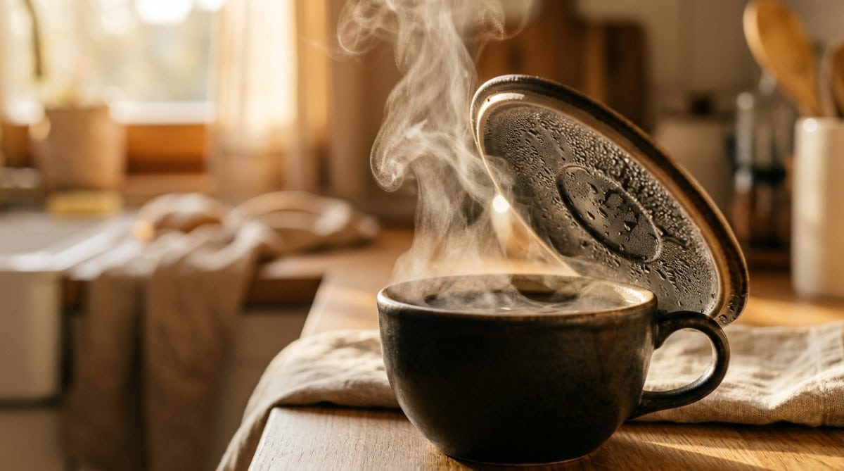 Vapeur de café emprisonnée sous une soucoupe inclinée