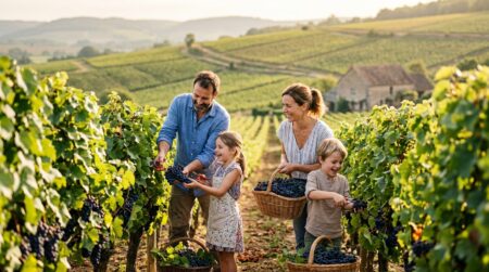 Famille coupant le raisin ensemble dans les vignes