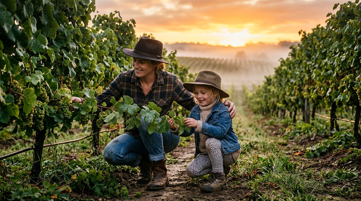 Mère et fille en bottes vendangeant tôt le matin