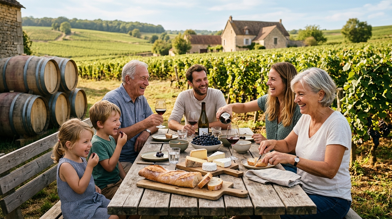 Pique-nique familial entre les rangs de vigne