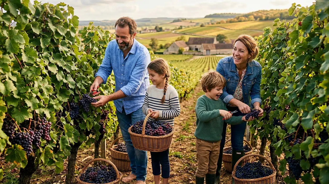 Famille coupant le raisin ensemble dans un vignoble