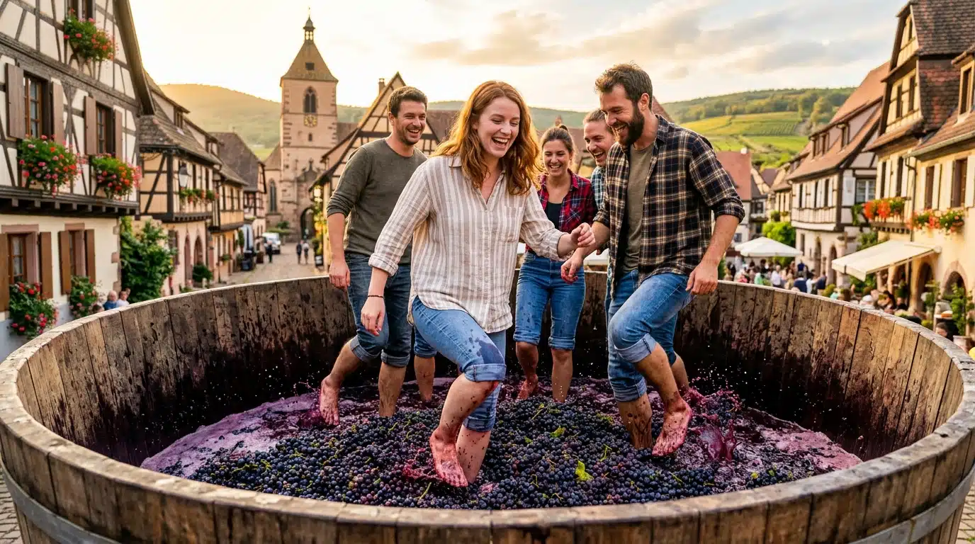 Foulage du raisin aux pieds façon vendanges alsaciennes