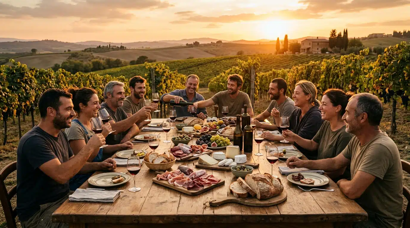 Repas de vendangeurs partagé en extérieur au coucher du soleil