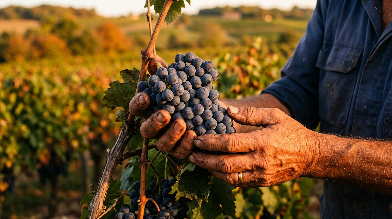 Vigneron tenant une grappe de raisin mûr au soleil