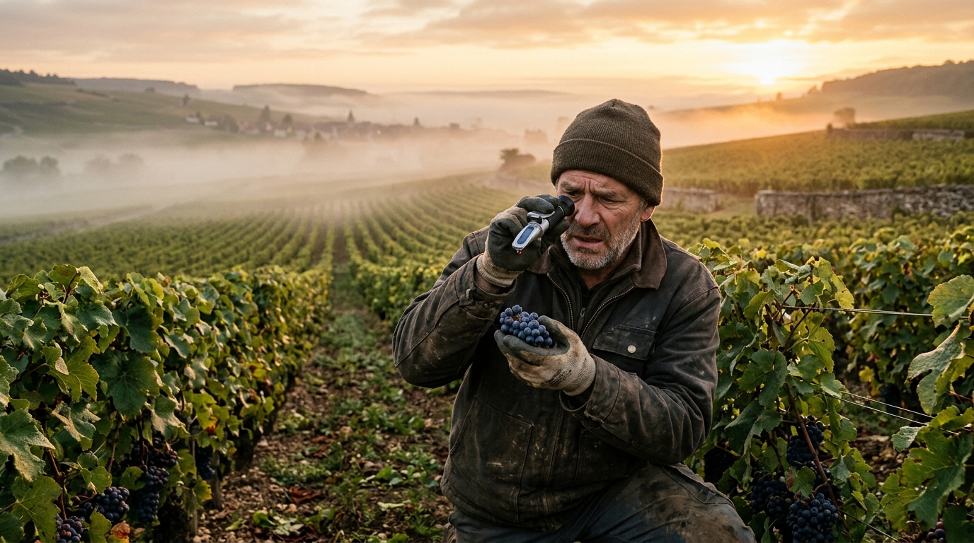 Vigneron mesurant la maturité du raisin au lever du jour