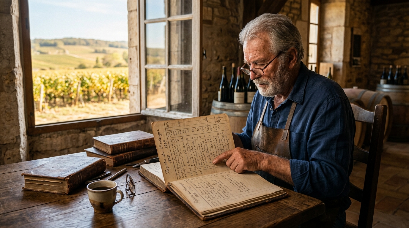 Vigneron consultant d'anciens registres de vendanges
