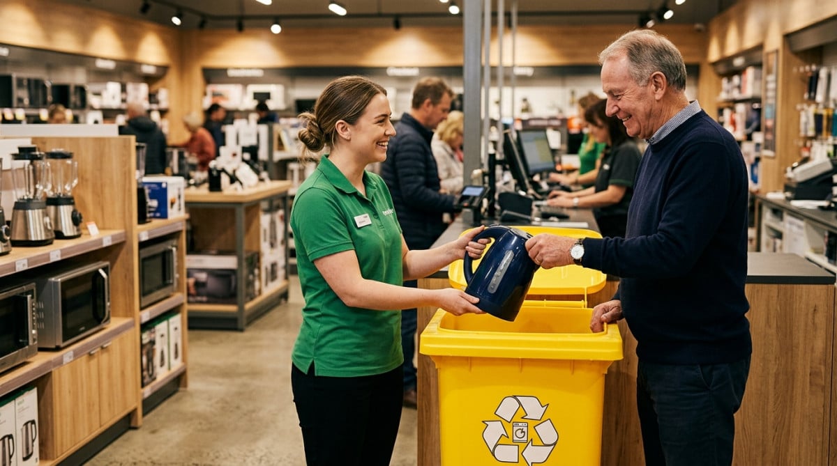 Vendeur aidant un client à déposer un petit appareil dans un bac de recyclage