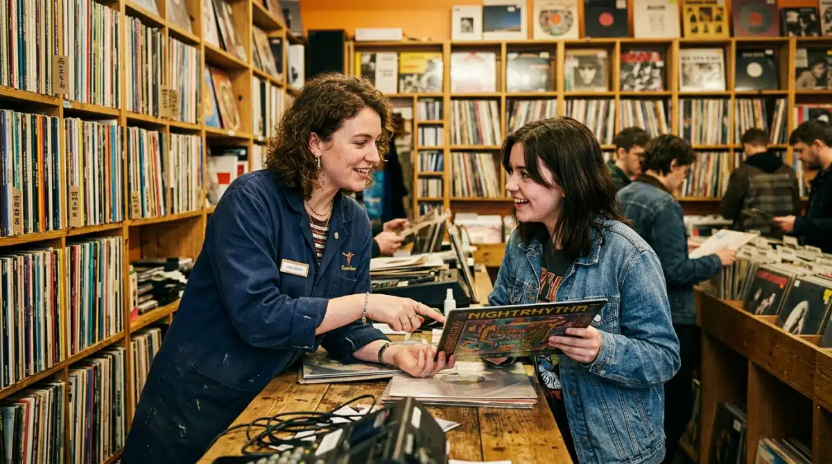 Vendeur conseillant un client dans un magasin de disques