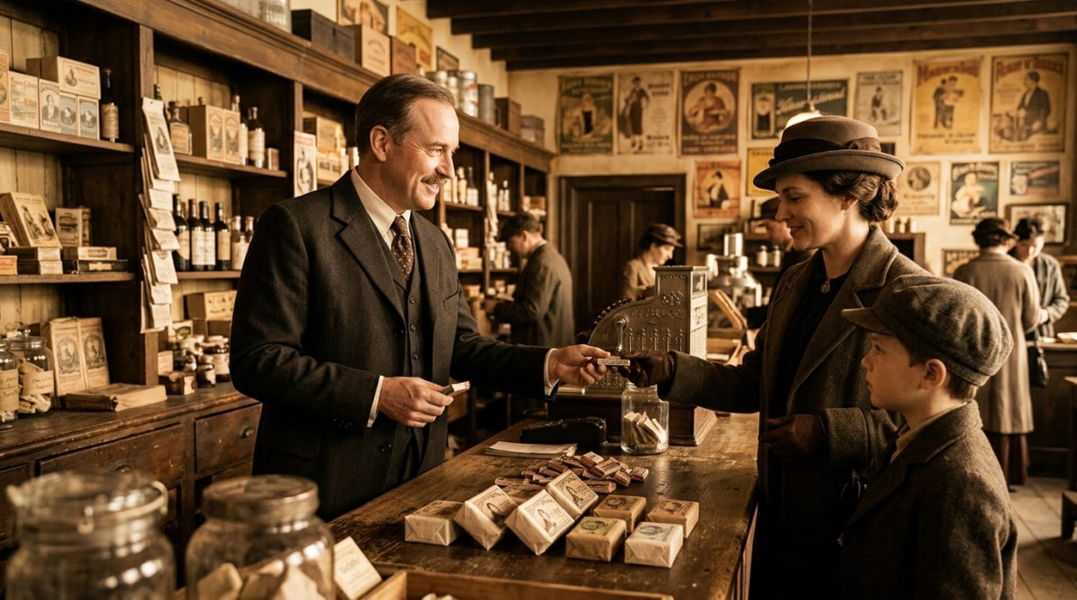 Vendeur des années 1910 distribuant du chewing-gum gratuit