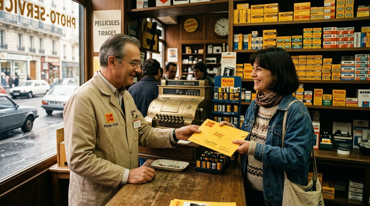 Vendeur remet une pochette photo dans un drugstore vintage
