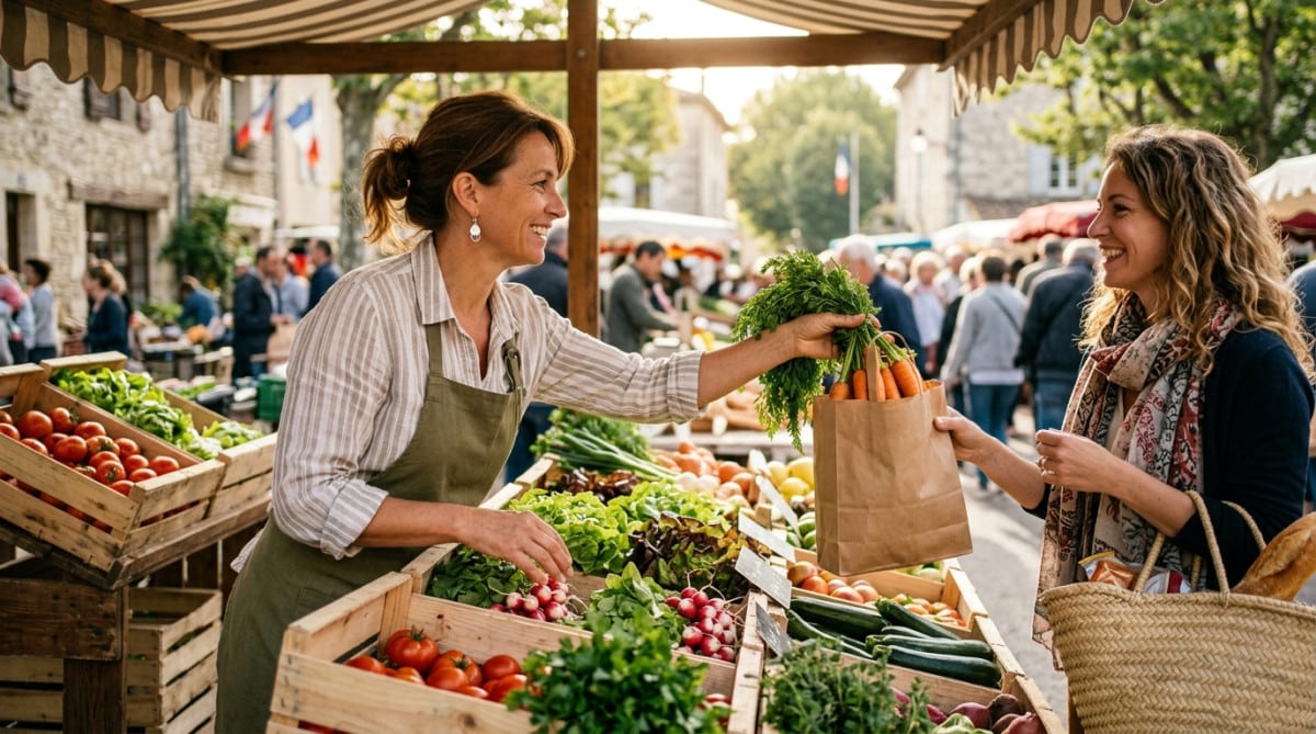 Vendeuse sur un stand de marché bio le matin