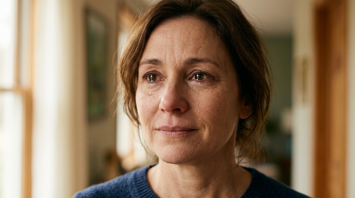 Visage de femme bouleversée, larmes aux yeux