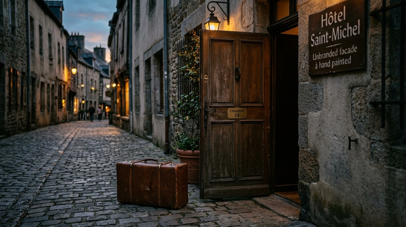 Porte d'hôtel entrouverte dans une rue sombre
