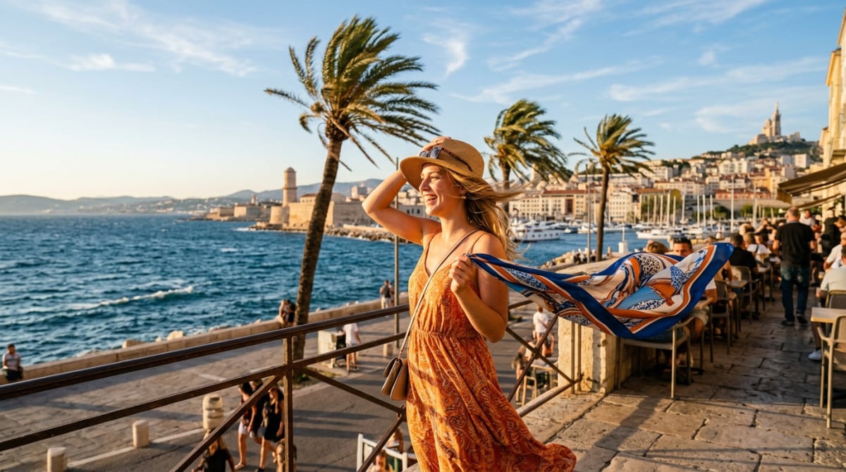 Vent fort sur une terrasse à Marseille en fin de journée