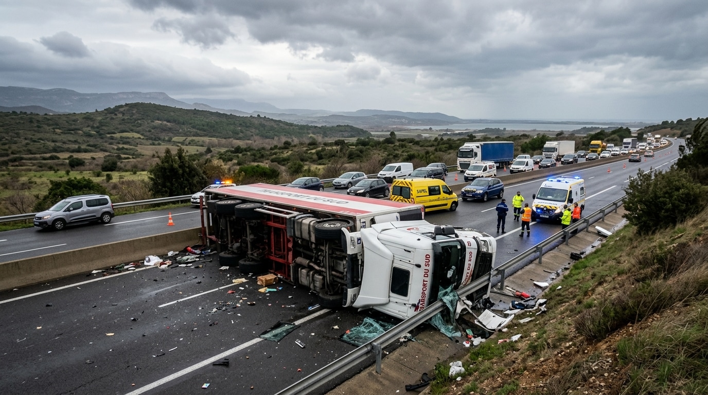 Vent violent dans l'Aude : un poids lourd couché sur l'A9 près de Fitou, la photo qui a tout dit