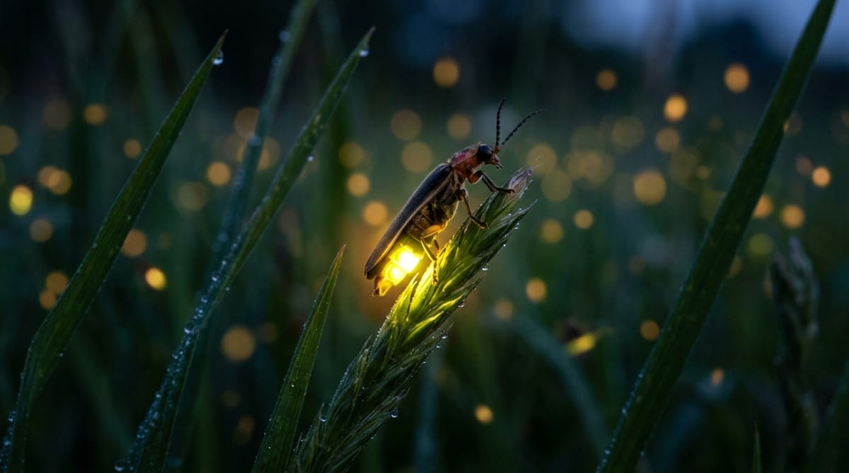 Ver luisant émettant une lumière verte dans l'herbe