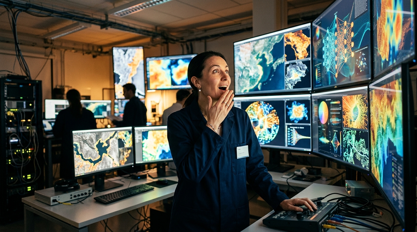 Chercheur analyse des images satellite et IA en laboratoire