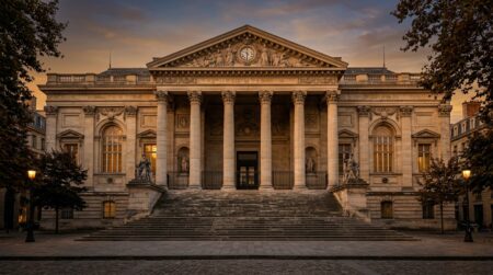 Façade d'un tribunal français au coucher du soleil