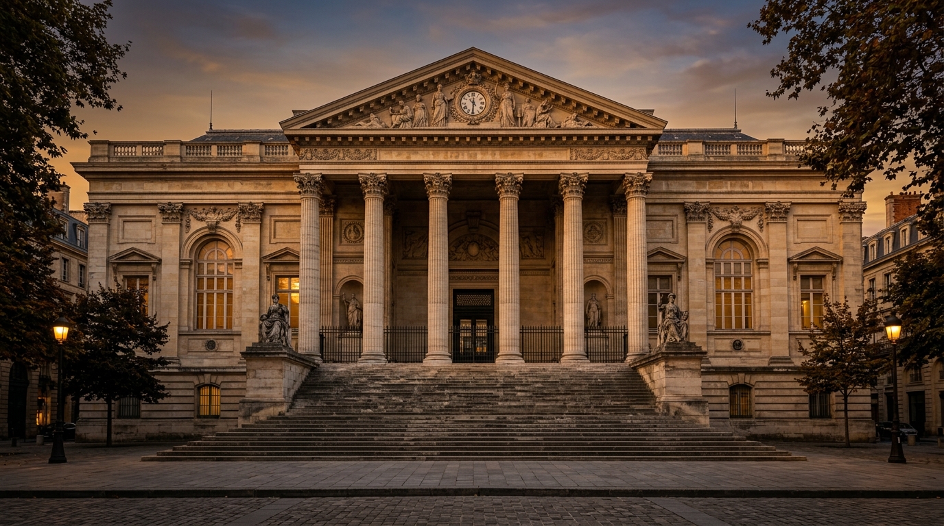 Façade d'un tribunal français au coucher du soleil