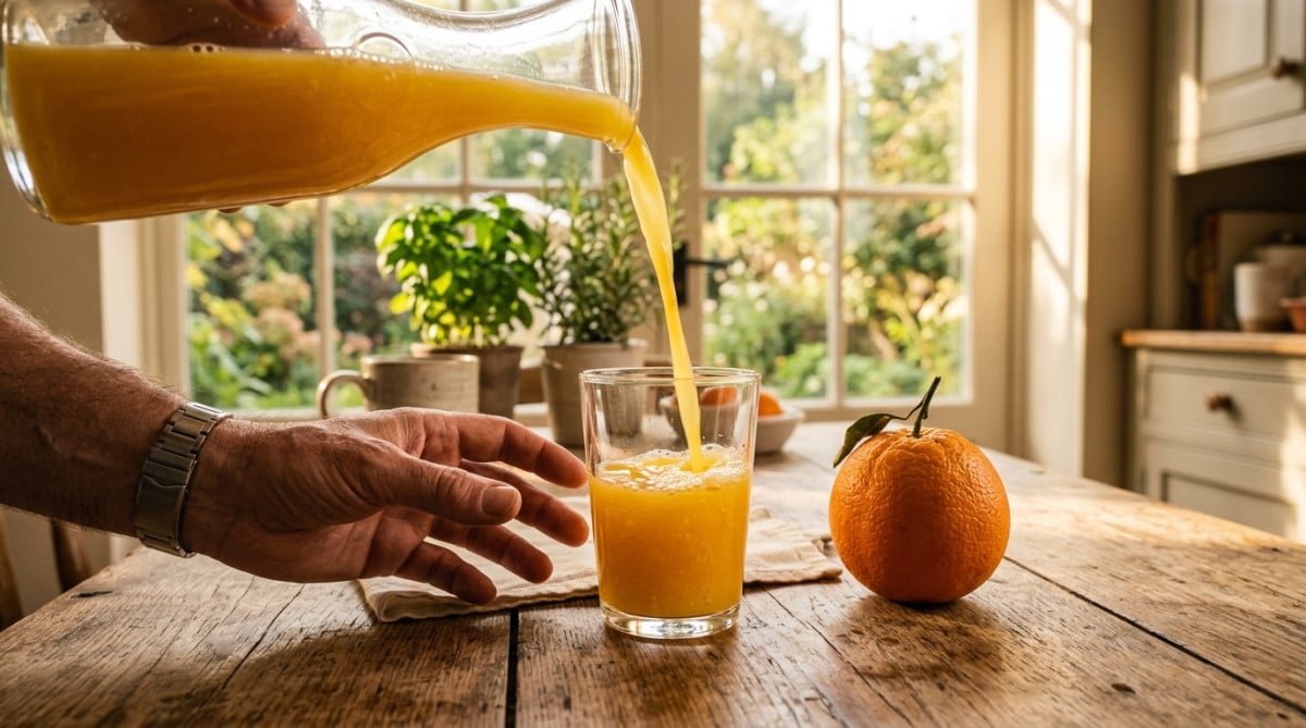 Verre de jus d'orange frais sur table de petit-déjeuner