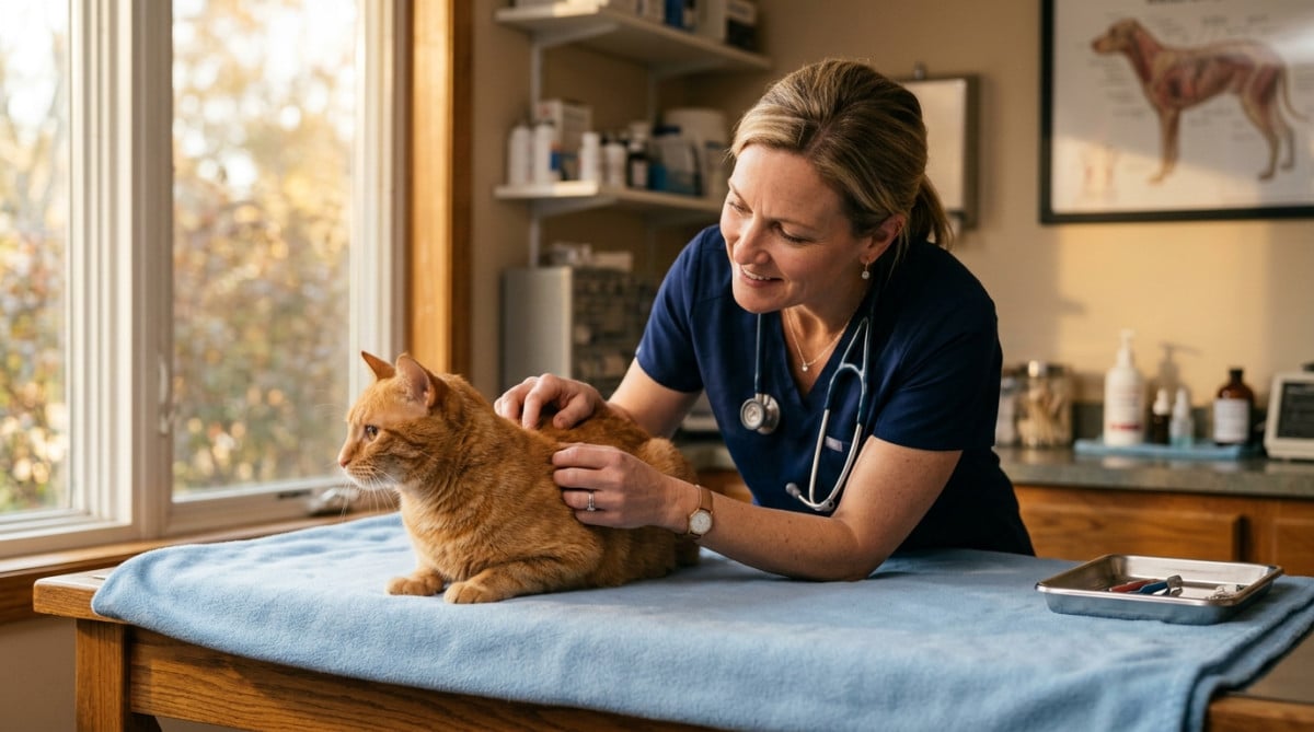 Vétérinaire examinant un chat après une chute d'immeuble