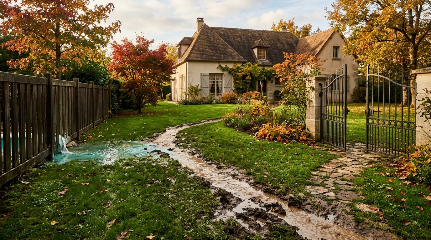 Eau trouble s'écoulant d'une piscine vers un jardin voisin