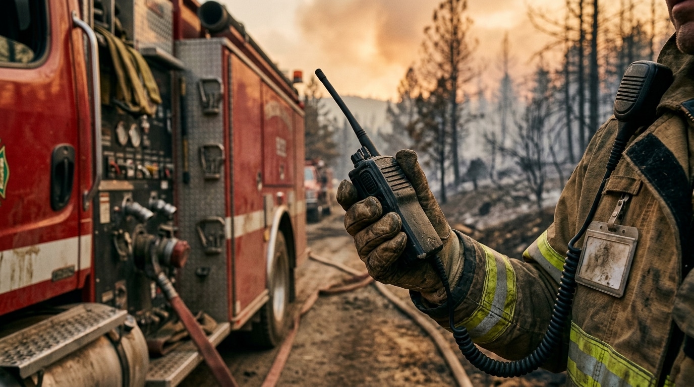 Main tenant une radio près d'un camion de pompiers