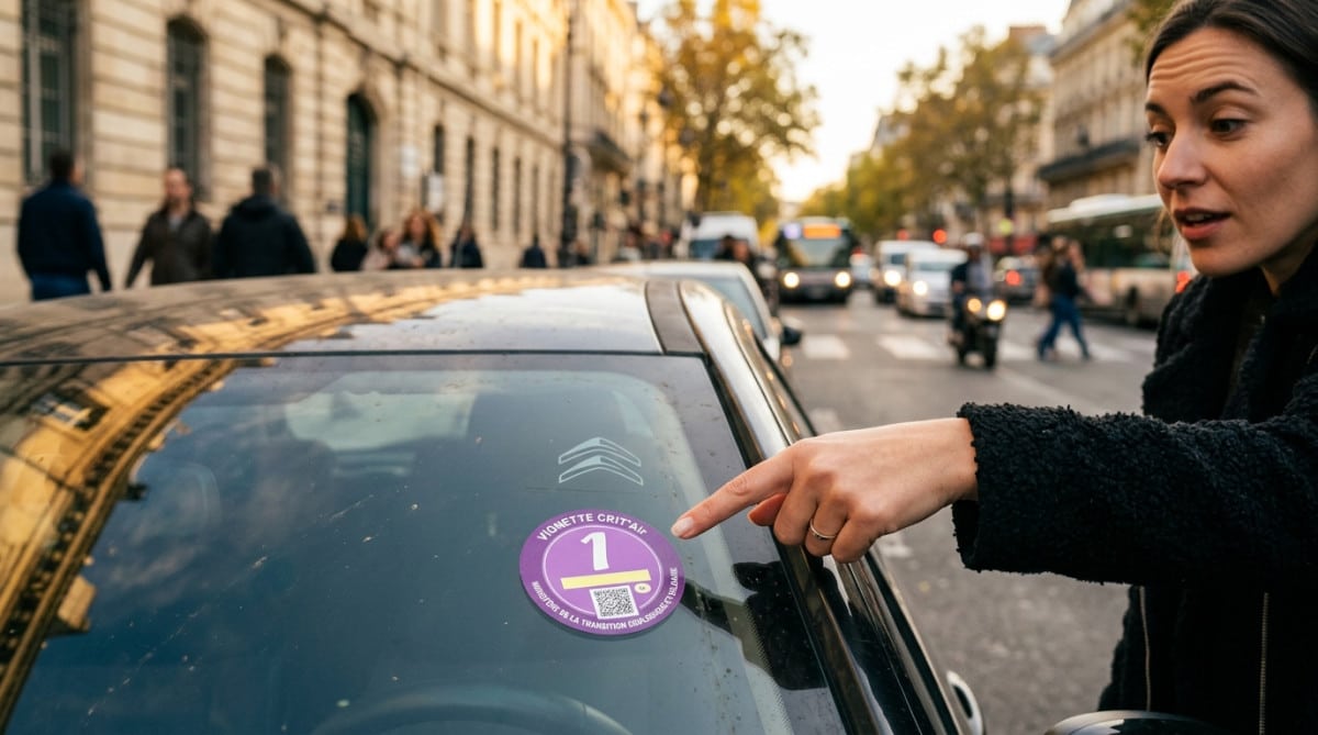 Vignette Crit'Air collée sur un pare-brise de voiture