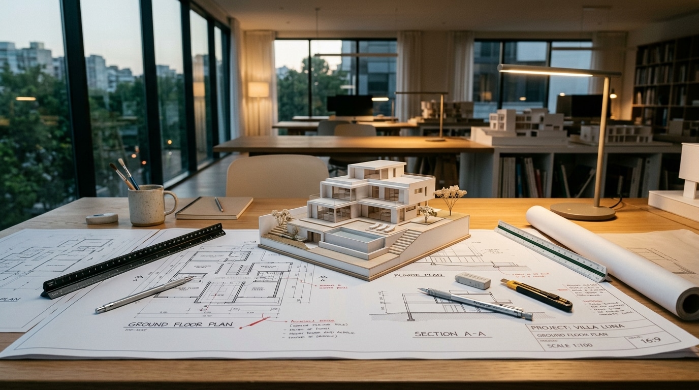 Plans et maquette de villa dans un bureau d'architecte